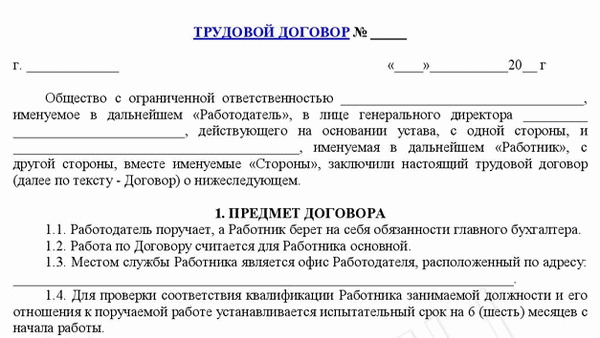 Образец договора трудового договора с испытательным сроком